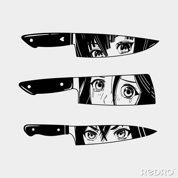 Canvas Three various Knives. Blades with Manga anime Eyes. Abstract Hand drawn Vector trendy illustration. Cool simple design. Minimalistic style. Tattoo or print idea. Every knife is isolated