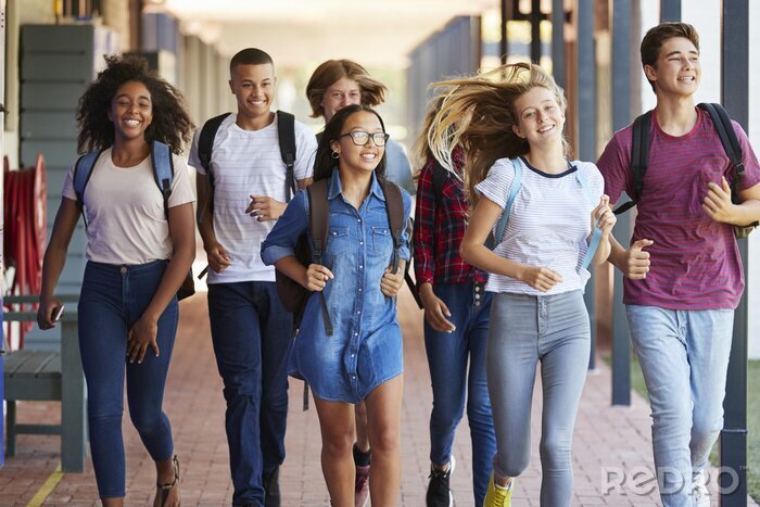Canvas Tiener schoolkinderen lopen in de middelbare school gang