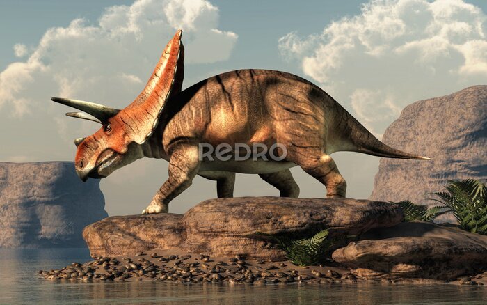 Canvas Torosaurus op een rots bij een meer