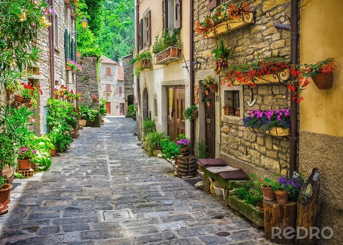 Canvas Toscaanse straten met bloemen