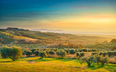 Toscane en velden bij zonsondergang