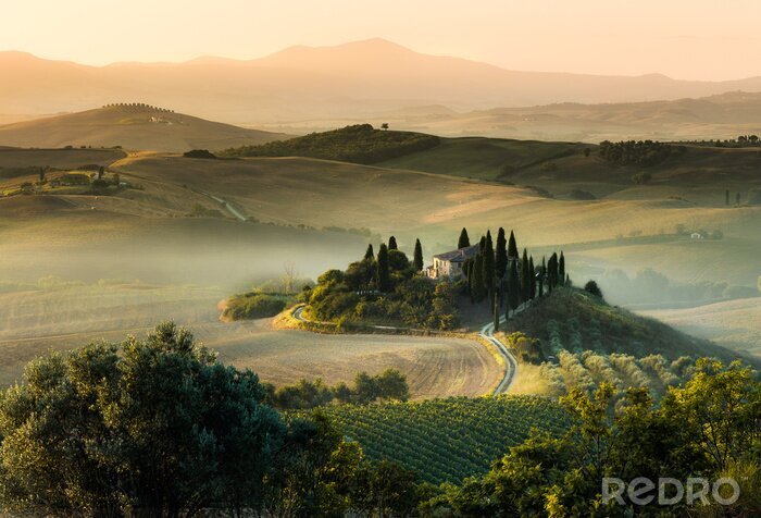 Canvas Toscane Italië mistige ochtend heuvel panorama