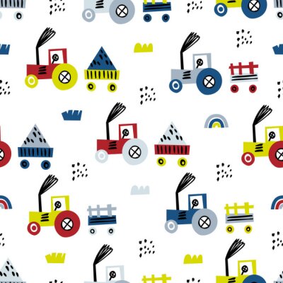 Tractor seamless pattern. Funny cute hand drawn kids toy transport. Baby cartoon tractor vector seamless pattern on white background.