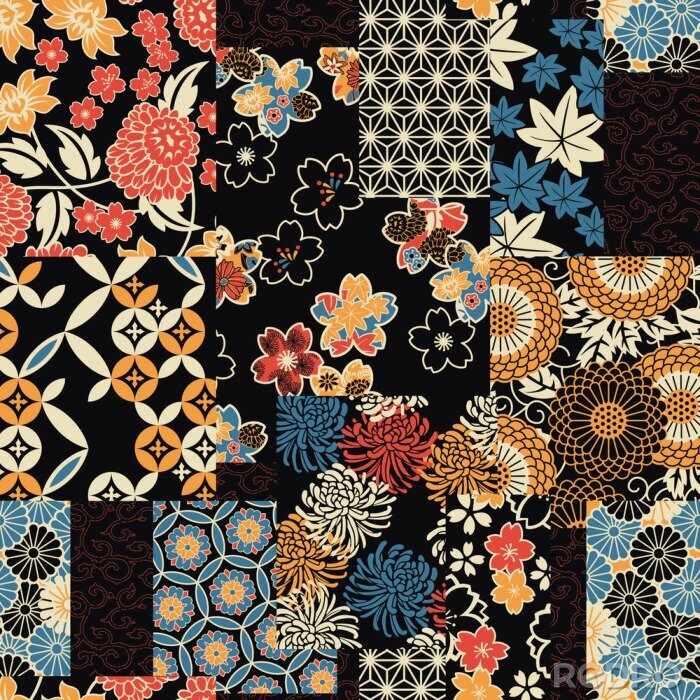 Canvas Traditional Japanese textile fabric patchwork wallpaper  abstract floral vector seamless pattern