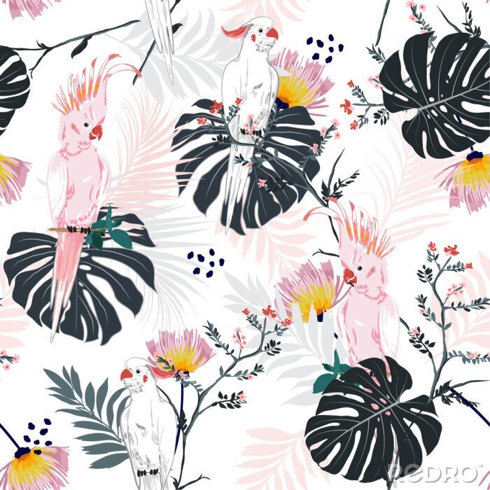 Canvas Trendy summer Tropical floral print. Parrot bird in the jungle and flowers in the exotic forest  allover design, seamless pattern vector for fashion ,wallpaoer and all prints