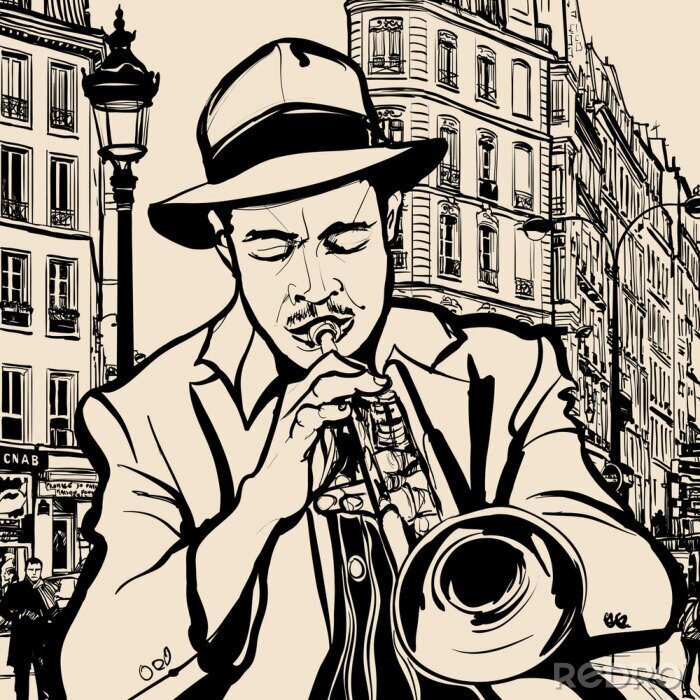 Canvas trompettist op een stadsgezicht achtergrond