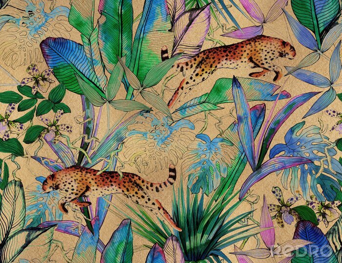 Canvas Tropical seamless pattern with tropical flowers, banana leaves and panther, leopard, cougar, wildcat