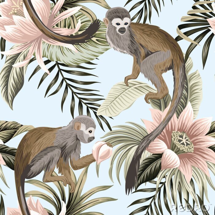 Canvas Tropical vintage monkey animal, lotus flower, peach fruit, palm leaves floral seamless pattern blue background. Exotic jungle wallpaper.