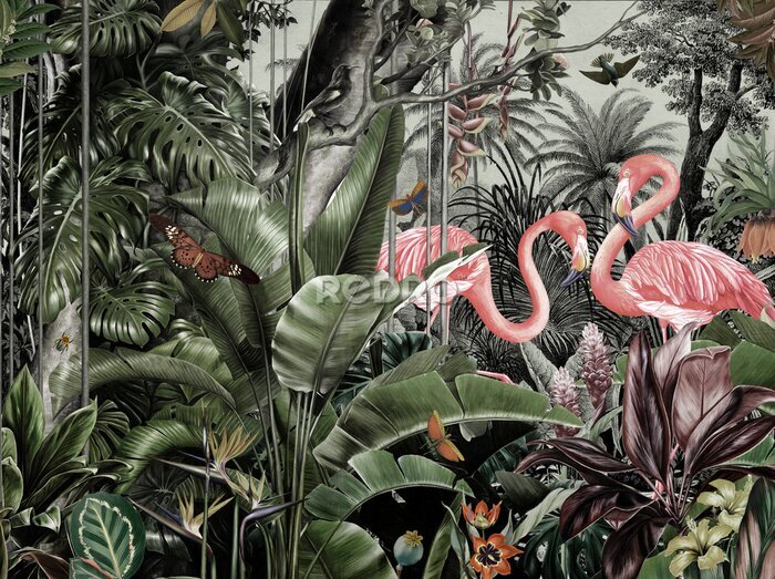 Canvas Tropisch motief met flamingo's