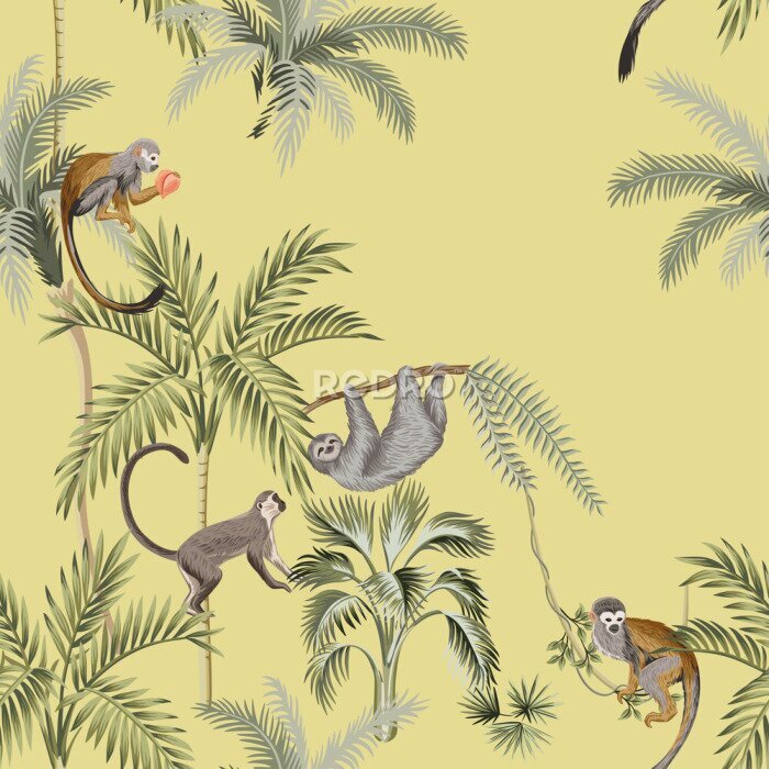 Canvas Tropisch ontwerp met apen op palmbomen