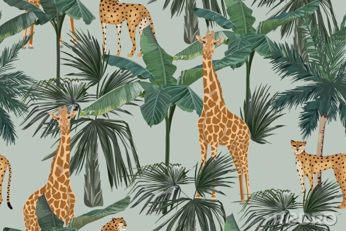 Canvas Tropisch patroon met giraffen