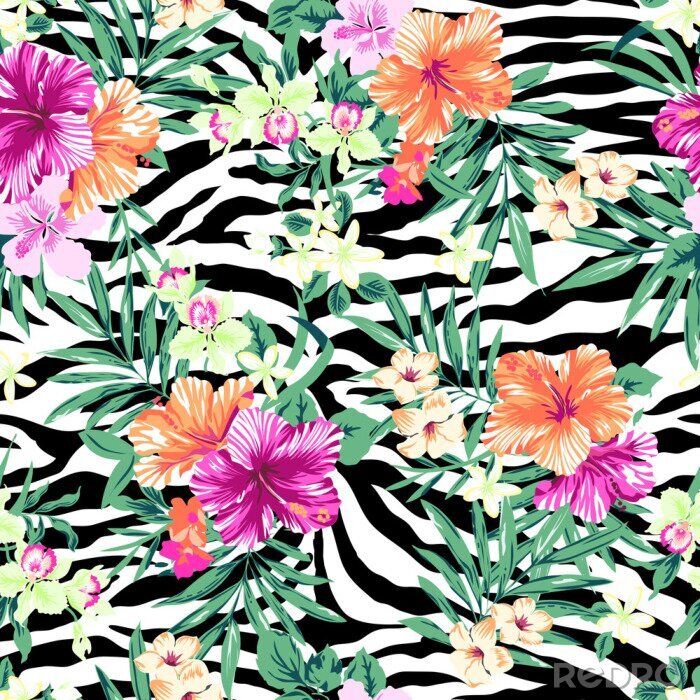 Canvas Tropische bloemen over zebra print ~ naadloze achtergrond