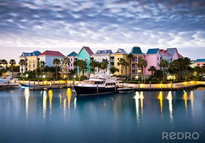 Canvas Tropische Caraïbische haven Boot Marina in Morning Light