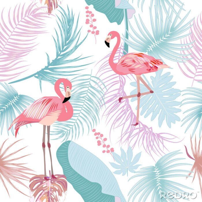 Canvas Tropische flamingo's en bladeren
