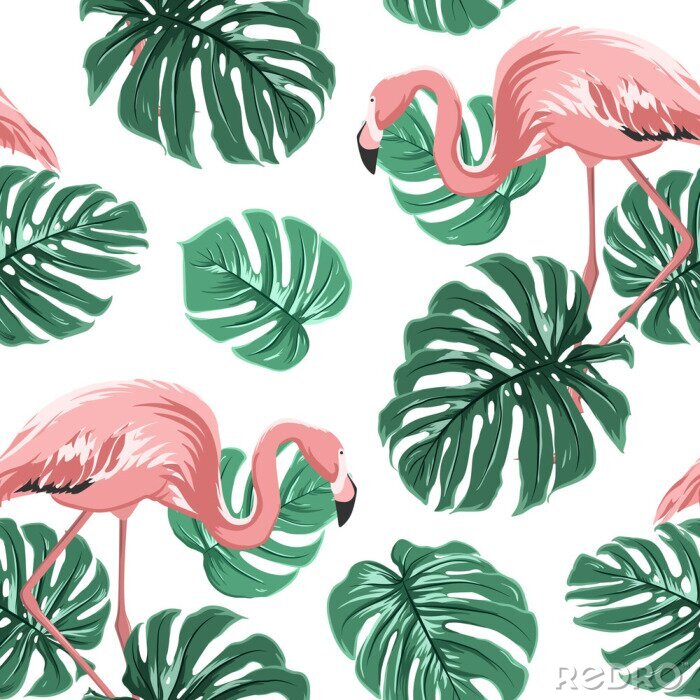 Canvas Tropische flamingo's en monstera bladeren