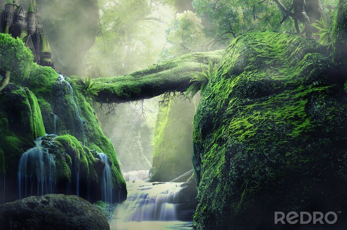 Canvas Tropische jungle met een waterval