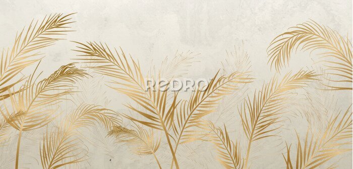 Canvas Tropische palmbladeren in goud immiterende tinten