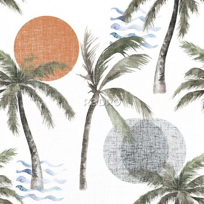 Canvas Tropische palmbomen en zon geschilderd in aquarel