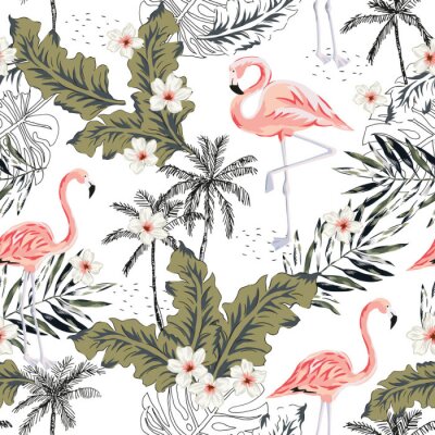 Tropische roze flamingovogels, plumeriabloemen, palmbladen, bomen witte achtergrond. Vector naadloos patroon. Grafische illustratie. Exotische jungleplanten. Zomer strand bloemdessin. Paradijs natuur