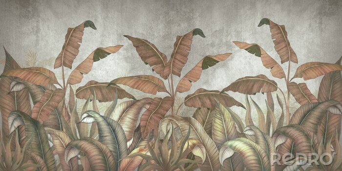 Canvas Tropische vegetatie op de achtergrond van een betonnen muur