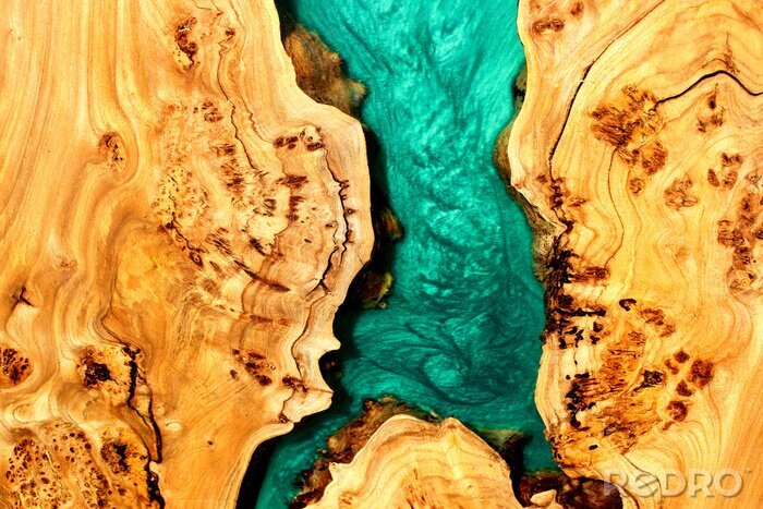 Canvas Turquoise epoxy resin panel with walnut, texture for design