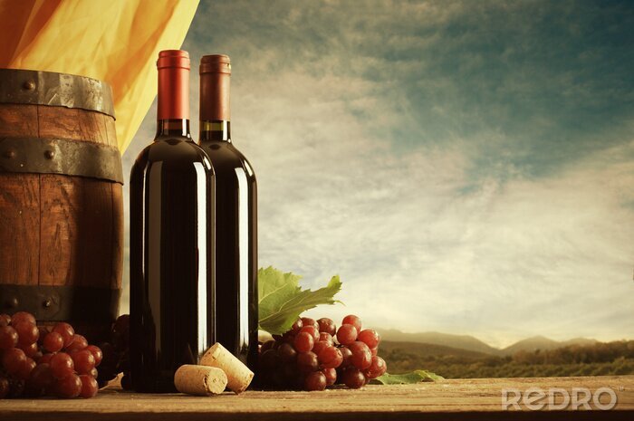 Canvas Twee flessen en een vat wijn