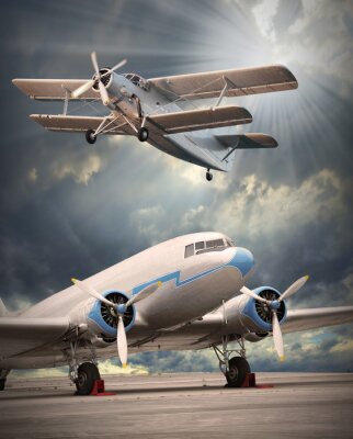 Twee vintage vliegtuigen op de landingsbaan