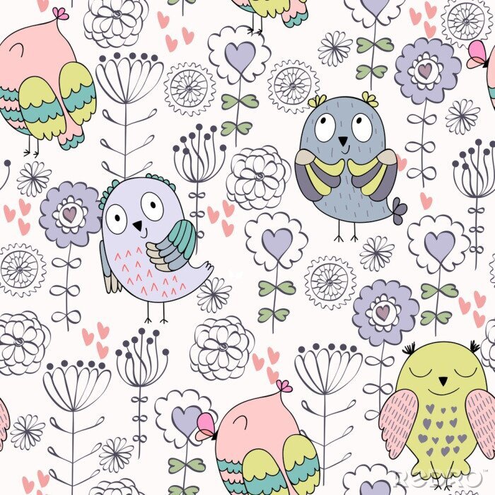 Canvas Uilen en delicate bloemen