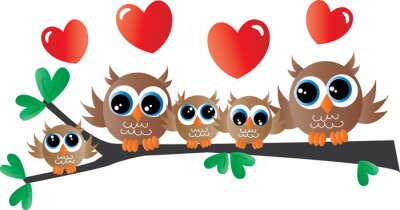 Uilen op een tak met hartjes