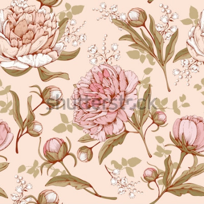 Canvas Uitstekend luxe naadloos patroon met gedetailleerde hand getrokken bloemen - bloeiende pioen. Vector. Eenvoudig te bewerken.