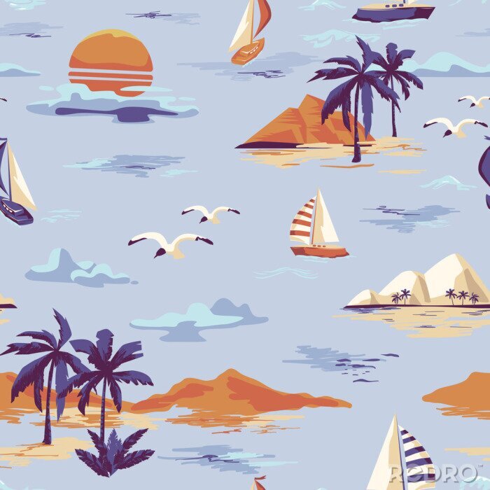 Canvas Uitstekend Mooi naadloos eilandpatroon op witte achtergrond. Landschap met palmbomen, jacht, strand en oceaan vector hand getrokken stijl