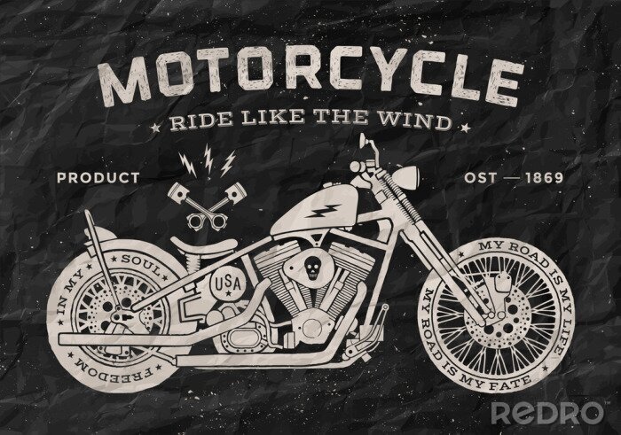 Canvas Uitstekende ras motorfiets oude school stijl. Zwart en wit poster, print voor t-shirt. vector illustratie