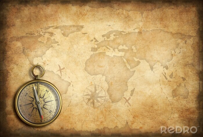 Canvas Uitstekende wereldkaart met kompas