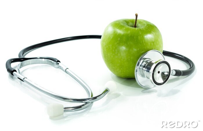Canvas uw gezondheid te beschermen met gezonde nutrition.Stethoscope, appel