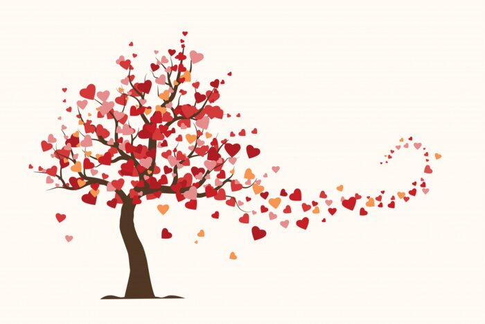 Canvas Valentijnsdag kaart, liefde boom met hart laat plat illustratie vector.