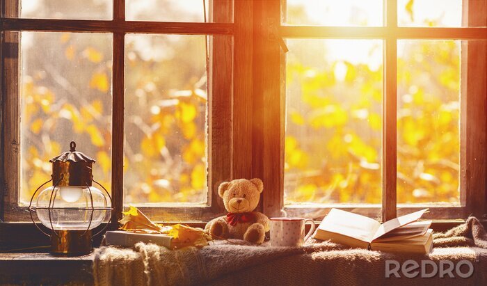 Canvas vallen. gezellige venster met de herfstbladeren, boek, mok thee