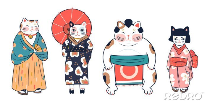 Canvas Various cats dressed in traditional japanese clothes. Anthropomorphic animals. Kawaii illustration. Hand drawn colored vector set. All elements are isolated