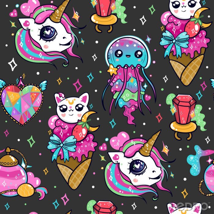 Canvas Various kawaii elements. Hand drawn colored vector seamless pattern. Black background