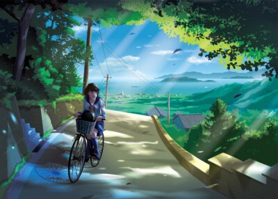 Canvas vector illustration in an anime style of a Japanese girl student rides a bicycle on a road in the countryside