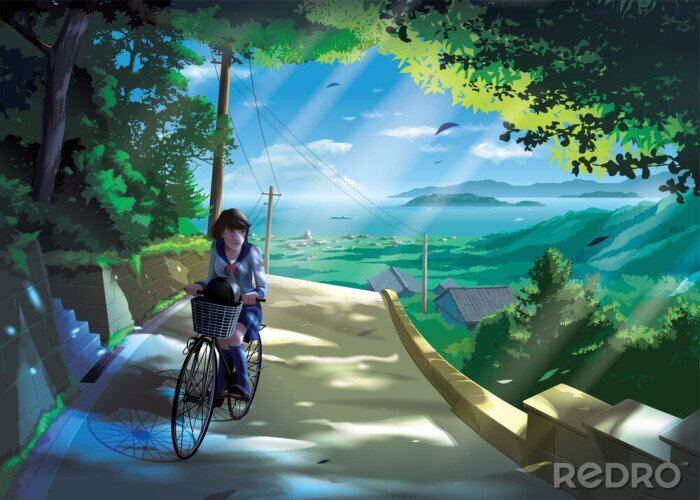 Canvas vector illustration in an anime style of a Japanese girl student rides a bicycle on a road in the countryside