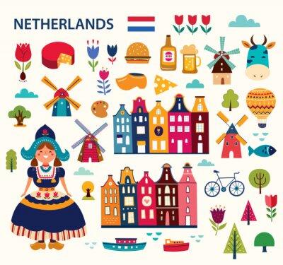 Vector illustration in cartoon style with symbols of Netherlands