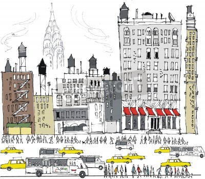 Canvas Vector illustration of New York buildings and busy traffic