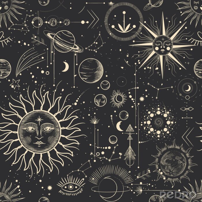 Canvas Vector illustration set of moon phases. Different stages of moonlight activity in vintage engraving style. Zodiac Signs