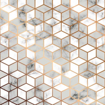 Vector marmeren textuur, naadloos patroonontwerp met gouden geometrische lijnen en kubussen, zwart-witte marmering oppervlakte, moderne luxueuze achtergrond