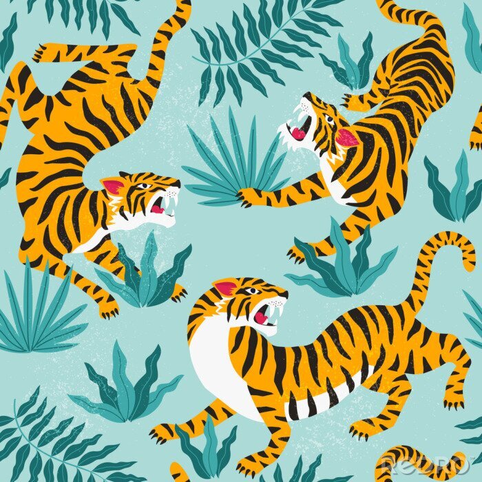 Canvas Vector naadloos patroon met leuke tijgers op achtergrond. Circus dierenshow. Modieus stoffenontwerp.