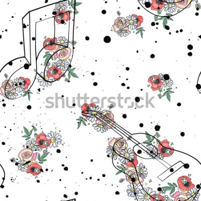Canvas Vector naadloze patroon grafische illustratie van gitaar muziek notities, bloemen bladeren tak druppelen vlek splotch inkt, splodge, spray Schetstekening doodle stijl Artistieke abstracte aquarel silh