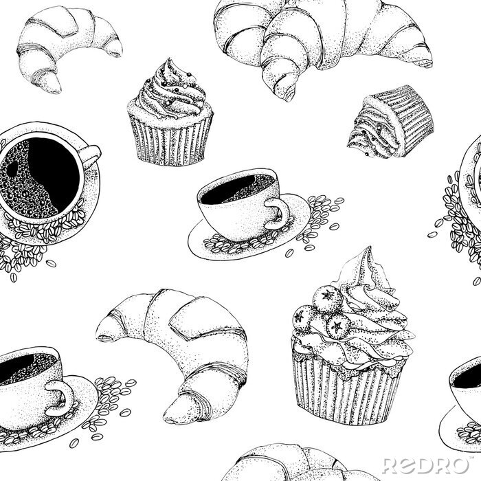 Canvas Vector naadloze zwart-wit patroon koffie