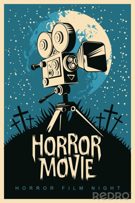Canvas Vector poster for a festival of horror movie with an old film projector on a cemetery on a moonlit night. Scary cinema. Suitable for poster, flyer, billboard, web design, ticket, advertising