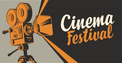 Canvas Vector poster for cinema festival with old fashioned movie projector or camera. Retro movie background with calligraphic inscription. Can be used for flyer, banner, poster, web page, background