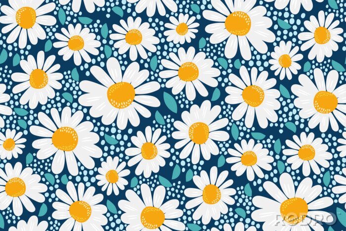 Canvas Vector seamless pattern. Creative floral print with chamomile flowers, leaves in a hand-drawn style on a dark blue-turquoise background. Perefct spring/summer template for fashion design, textiles...